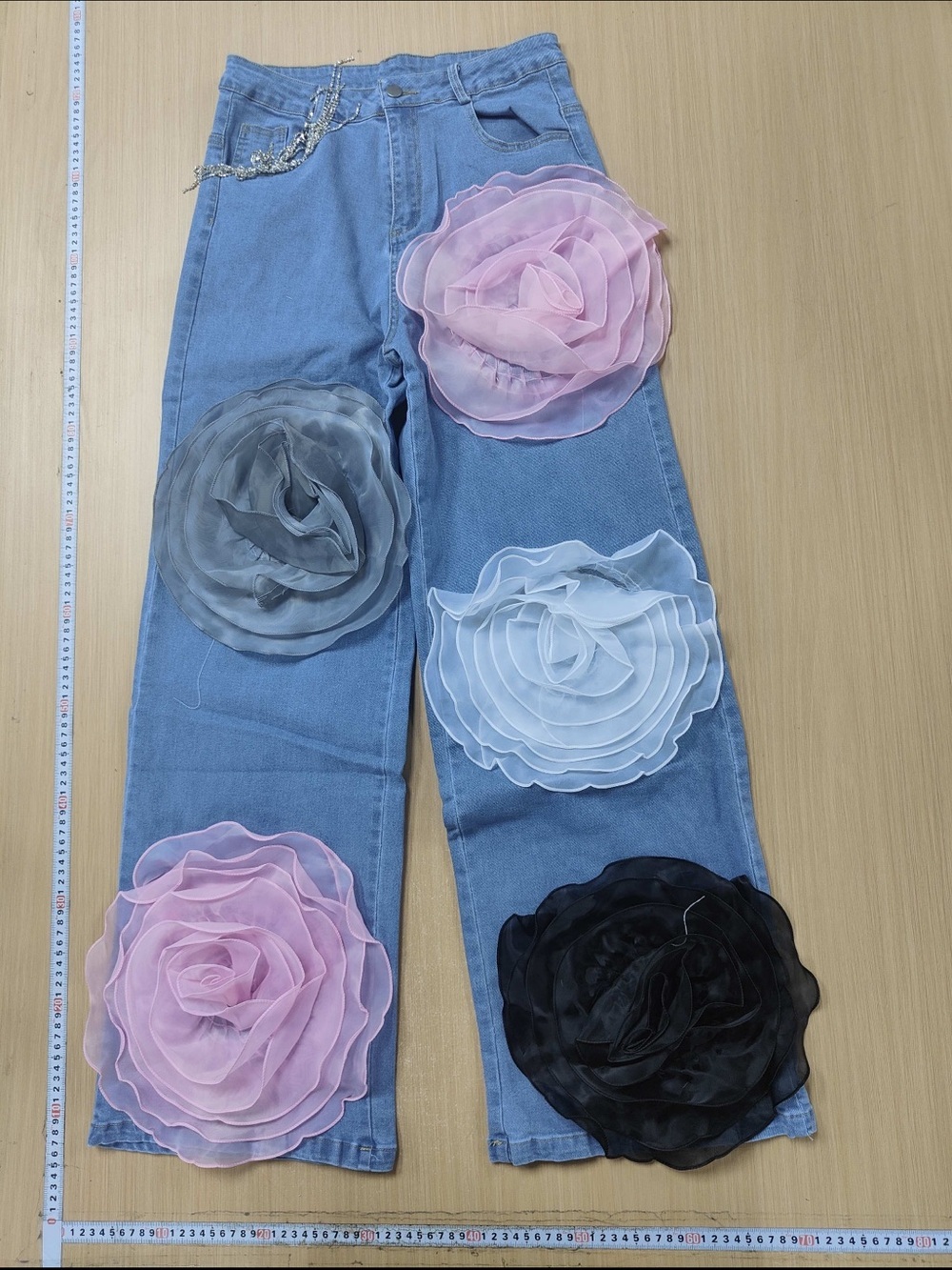 Denim Wide-Leg Jeans with Oversized Rosette Appliqués